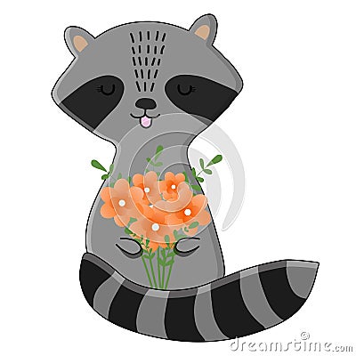 Vector cartoon illustration. Raccoon with a flowers. Perfect for postcard, brochure, page, Vector Illustration