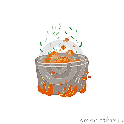 Vector cartoon illustration of saucepan on gas fire with soup, vegetables and spices inside, isolated on white Vector Illustration