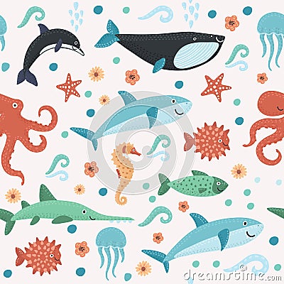 Seamless pattern with colorful sea creatures Vector Illustration