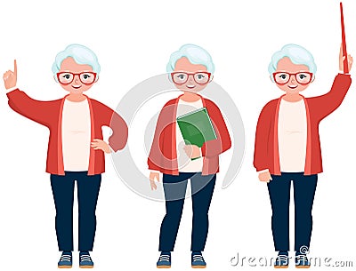 Vector illustration of a senior cute teacher different gestures and poses Vector Illustration