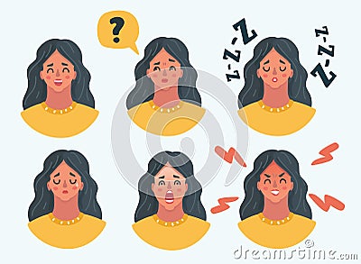 Set of girl woman facial emotions. Vector Illustration