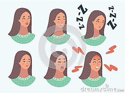 Set of woman`s emotions. Facial expression. Vector Illustration