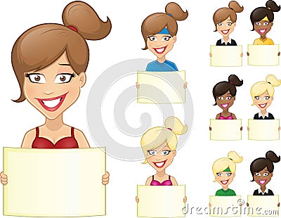 Vector cartoon illustration of sexy, cute woman holding banner Vector Illustration