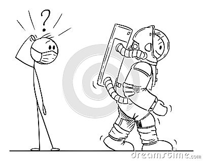 Vector Cartoon Illustration of Shocked Man in Face Mask Looking at Astronaut Wearing Space Suit as Protective Suit Vector Illustration