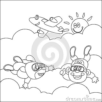 Vector cartoon illustration of skydiving with litlle monkey and dog, plane and clouds, Vector Illustration