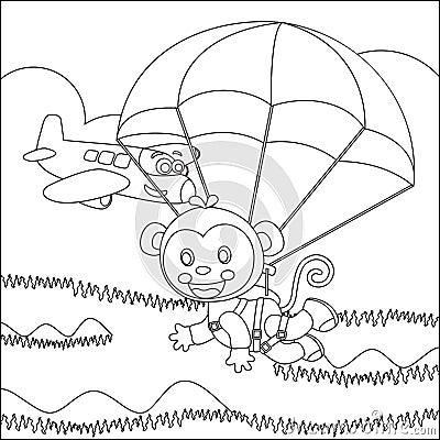 Vector cartoon illustration of skydiving with litlle monkey, plane and clouds, Vector Illustration