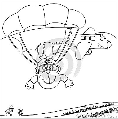 Vector cartoon illustration of skydiving with litlle monkey, plane and clouds, Vector Illustration