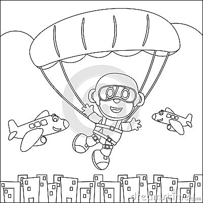 Vector cartoon illustration of skydiving with litlle monkey, plane and clouds, Vector Illustration