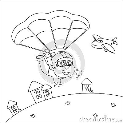 Vector cartoon illustration of skydiving with litlle monkey, plane and clouds, with cartoon style Childish design for kids Vector Illustration
