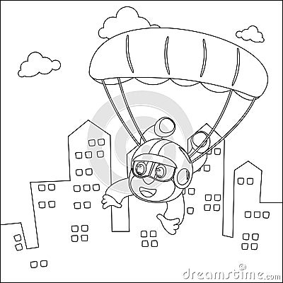 Vector cartoon illustration of skydiving with litlle monkey, plane and clouds, with cartoon style Childish design for kids Vector Illustration