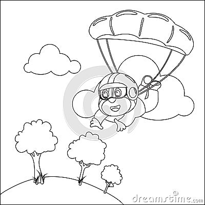 Vector cartoon illustration of skydiving with litlle monkey, plane and clouds, with cartoon style Childish design for kids Vector Illustration