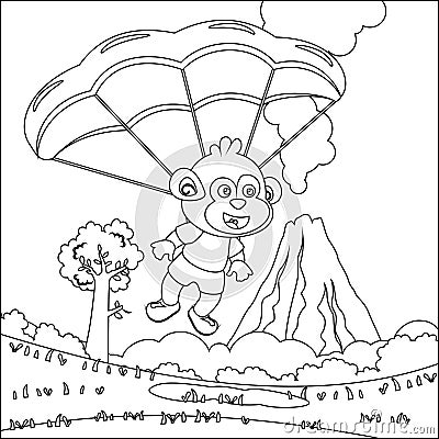 Vector cartoon illustration of skydiving with litlle monkey with cartoon style Childish design for kids activity colouring book or Vector Illustration