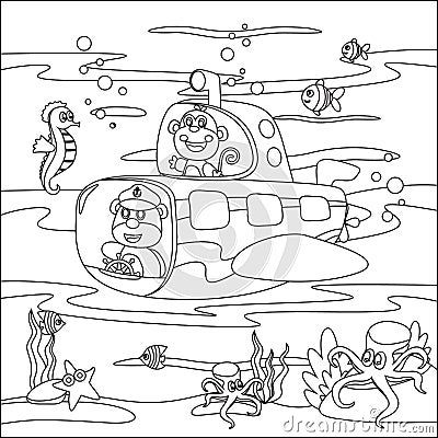 Vector cartoon illustration of skydiving with little monkey and bear driving submarine, Vector Illustration