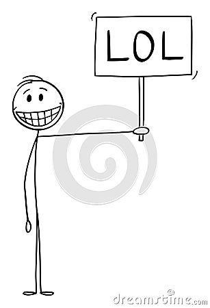 Vector Cartoon Illustration of Smiling Happy Man Showing Positive Emotions And Holding LOL Sign. Laughing Out Loud Vector Illustration