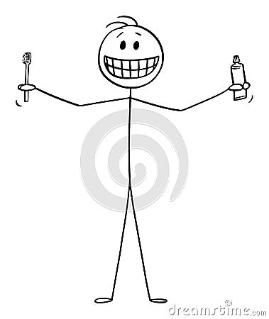 Vector Cartoon Illustration of Smiling Man Showing His Teeth and Holding Tooth Brush or Toothbrush and Paste or Vector Illustration