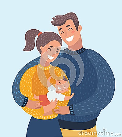 Smiling mother and father holding their newborn baby daughter at home Vector Illustration