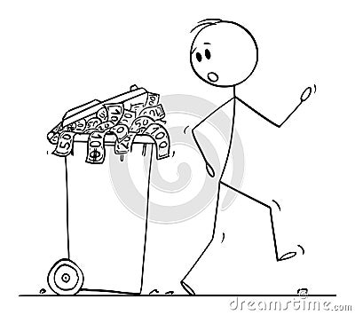 Vector Cartoon Illustration of Surprised Man or Businessman Walking Around Garbage Can or Dustbin Full of Money Thrown Vector Illustration