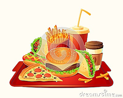 Vector cartoon illustration of a traditional set of fast food meal Vector Illustration