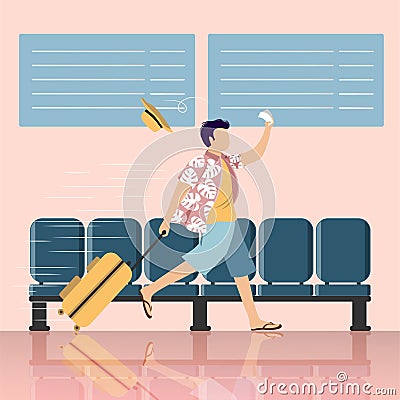 Vector cartoon illustration of travel concept. late man run with bag on wheels. Check in airport. Human character on the Cartoon Illustration