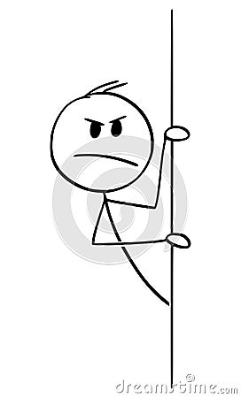 Vector Cartoon Illustration of Treacherous, Dangerous, Insidious or Angry Man or Businessman Peeping Out From Behind Vector Illustration