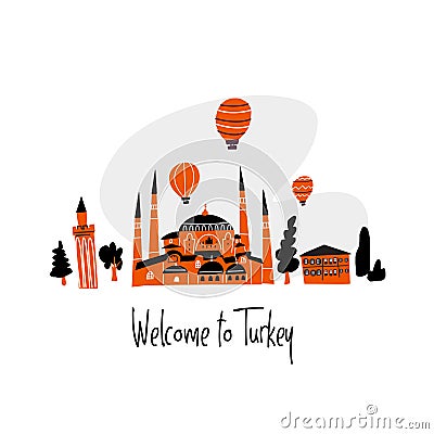 Vector cartoon illustration of turkish mosque, minaret and house. Vector Illustration