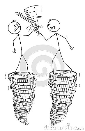 Vector Cartoon Illustration of Two Businessmen Fighting with Swords or fencing on Piles of Money or Coins Vector Illustration