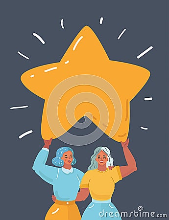 Two girls hold big star above Vector Illustration