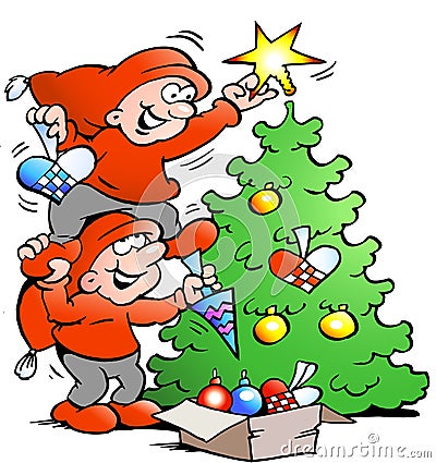 Vector Cartoon illustration of two happy Elf decorate the Christmas Tree Vector Illustration