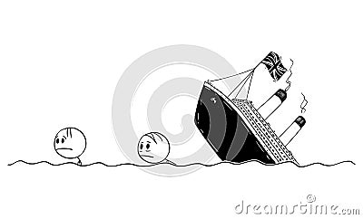 Vector Cartoon Illustration of Two Men or Survivors Swimming in Water or Sea or Ocean From Wrecked United Kingdom or UK Vector Illustration