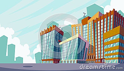 Vector cartoon illustration of an urban landscape with large modern buildings. Vector Illustration