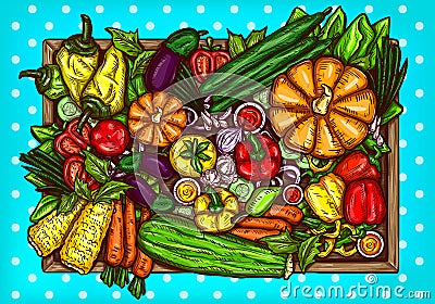 Vector cartoon illustration of various vegetables whole and sliced on a wooden background. Vector Illustration