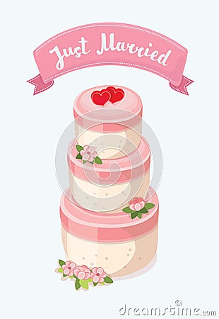 A stylish wedding cake decorated with flowers and a bride and groom toppers. Vector Illustration