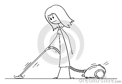 Vector Cartoon Illustration of Woman Cleaning or Vacuuming the Floor or Carpet With Vacuum Cleaner or Hoover Vector Illustration