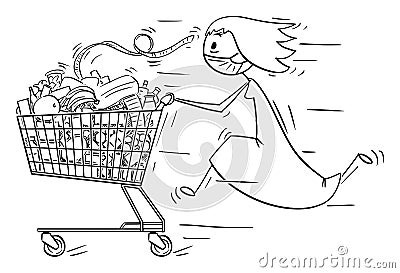 Vector Cartoon Illustration of Woman Wearing Face Mask Running and Pushing Shopping Cart With of Food From Supermarket Vector Illustration