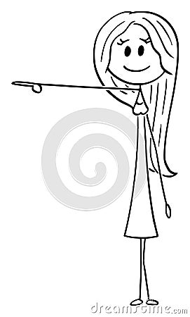 Vector Cartoon Illustration of Young Attractive Smiling Woman Showing or Pointing at Something Vector Illustration