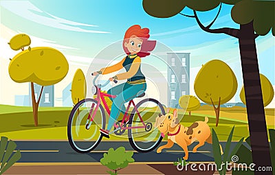 Vector cartoon illustration of young redhead woman riding bicycle in a park or countryside and a dog runs near her Vector Illustration