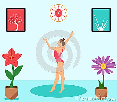 Vector cartoon illustration of young woman practicing yoga, Dancing pose on the home, house landscape, building view.Healthy Vector Illustration