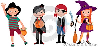 A group of children in Halloween costumes Vector Illustration