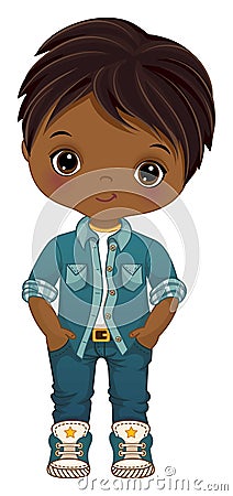 Vector Cartoon Image of Afro Boy Wearing Denim Outfit Vector Illustration