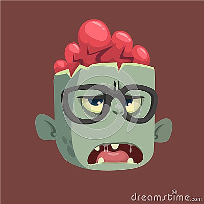 Vector cartoon image of a funny gray zombie with big head frightening someone on a dark background Vector Illustration