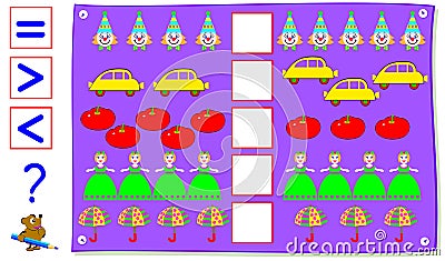 Mathematical exercise for young children. Need to count the quantity of objects and write the correct signs in the squares. Vector Illustration