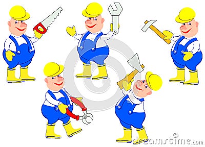 Set of funny workers with different instruments. Vector Illustration