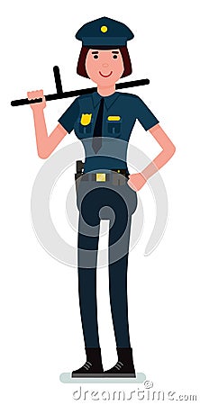 Vector cartoon image of a woman police officer with brown hair in a police uniform with a baton in her hand. Vector Vector Illustration