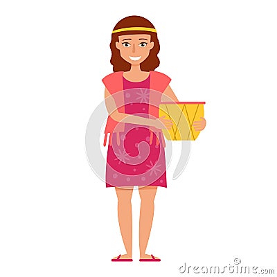 Flat. Young hippie with drum Vector Illustration