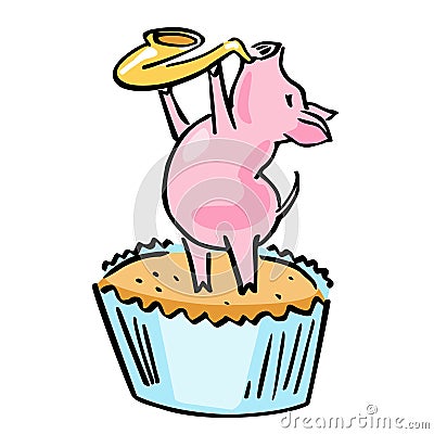 Vector cartoon jazz pig with saxophone and muffin Vector Illustration