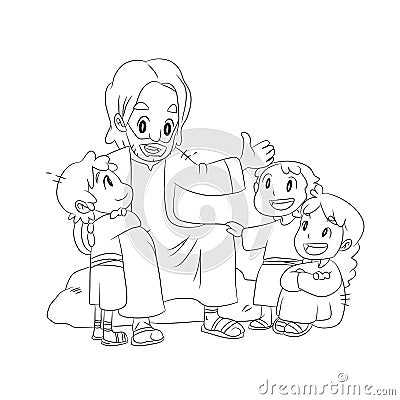 A vector cartoon of Jesus talking to children in black and white. Vector Illustration