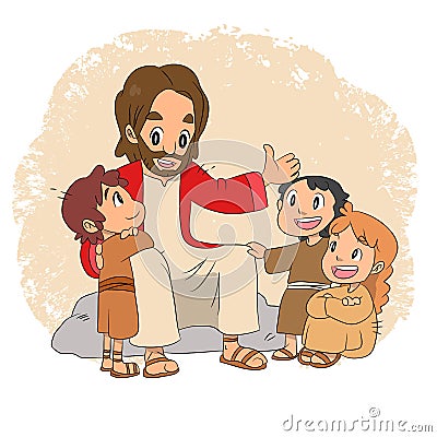 A vector cartoon of Jesus talking to children happily. Vector Illustration