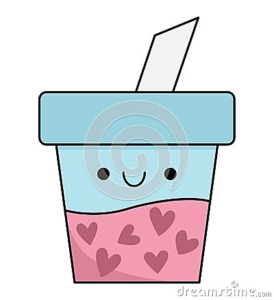 Vector cartoon kawaii bubble tea icon with heart shaped tapioca. Pink drink clipart. Cute glass illustration. Funny Saint Vector Illustration