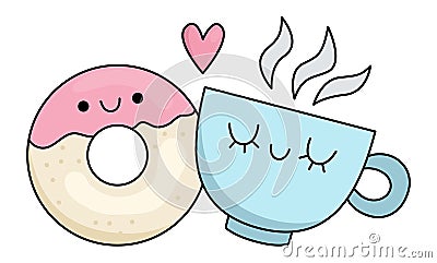 Vector cartoon kawaii donut and cup. Dessert isolated clipart. Cute Saint Valentine day illustration. Funny icon for kids with Vector Illustration