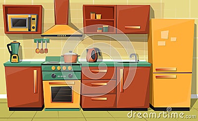 Vector cartoon kitchen counter with appliances, furniture Vector Illustration